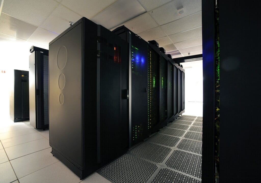 This close-up view highlights one row—approximately 2,000 computer processors—of the “Discover” supercomputer at the NASA Center for Climate Simulation (NCCS). Original from NASA. Digitally enhanced by rawpixel.